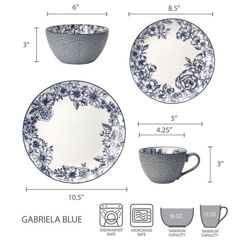 Pfaltzgraff Gabriela Blue 16-Piece Dinnerware Set, Service for 4, Durable Stoneware Plates, Bowls, and Mugs with Elegant Blue Pattern, Dishwasher Safe
