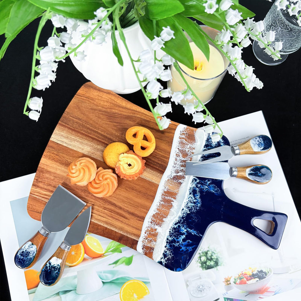 Charcuterie Boards with Resin Cheese Knives, Blue Wood Resin Cheese Platter - Cheese Tray with Cheese Utensils, Fruit Tray, and 4 Cheese Knives House Warming Gifts New Home, Wedding Gift for Couple