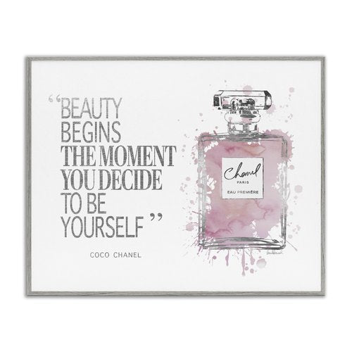 Stupell Industries Beauty Begins Fashion Perfume, Design by Amanda Greenwood Gray Framed Wall Art, 24 x 30, Pink