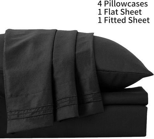 **LINENLINE Full Sheet Set - 6-Piece Cooling Bamboo Rayon Sheets with 4 Pillowcases | Soft, Breathable, 16" Deep Pocket - Black**