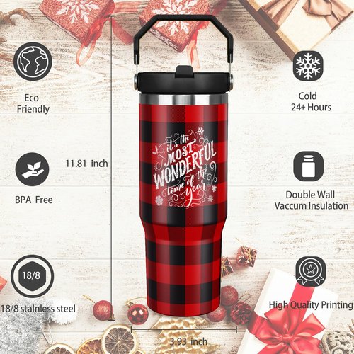 Exacmos 30oz Christmas Tumbler with Handle and Straw, Stainless Steel Vacuum Insulated Flip Straw 30 oz Buffalo Coffee Tumbler, Spill Proof Travel Mug, Merry Christmas Decor Gifts for Women