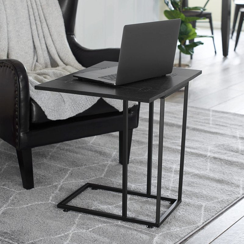 Household Essentials Jamestown Extendable C-Shaped for Accessiblity Side End Table Black Oak Wood Grain and Black Metal