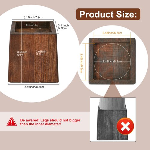 Alpeir Wood Bed Risers Heavy Duty, Support Loading 2200lbs, 4 Pack Furniture Riser Leg Height Extenders Lifts for Dorm Sofa Couch Desk Chair Table, Retro Brown, 3.5" H(Inner 3" H)