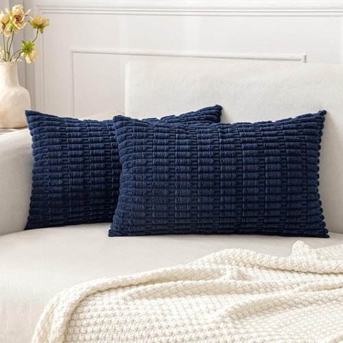 MIULEE Corduroy Lumbar Throw Pillow Covers - Soft Boho Striped Design | 20x12 Inch Dark Blue for Modern Home Decor