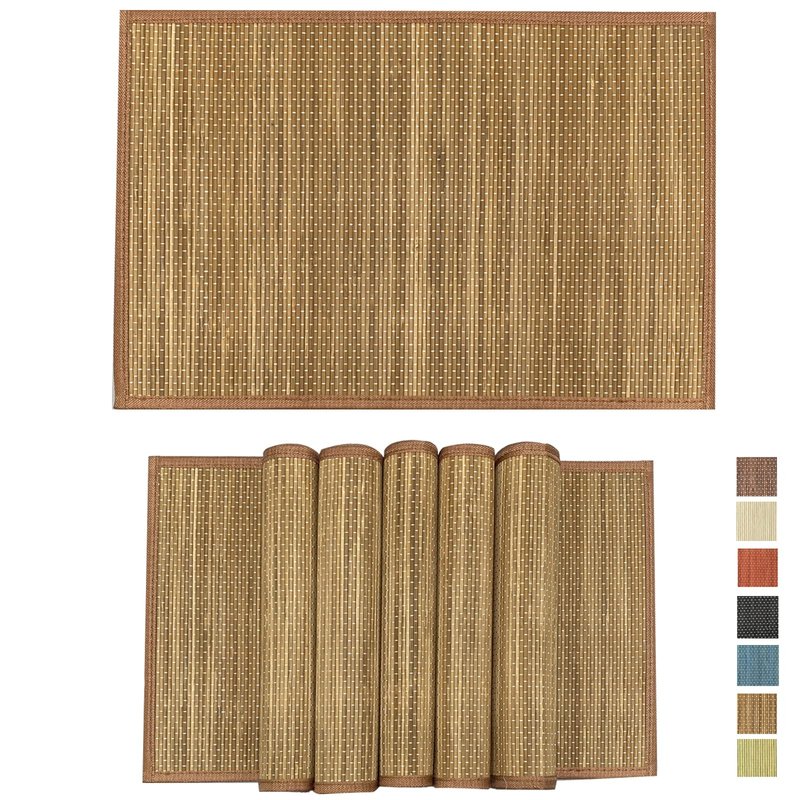 ANDSTAR Set of 8 Pcs Bamboo Placemats with Fabric Border Japanese Style Natural Anti-Slip Bamboo Placemats Washable Heat-Resistant Table Mats for Dining Room and Kitchen (Brown)
