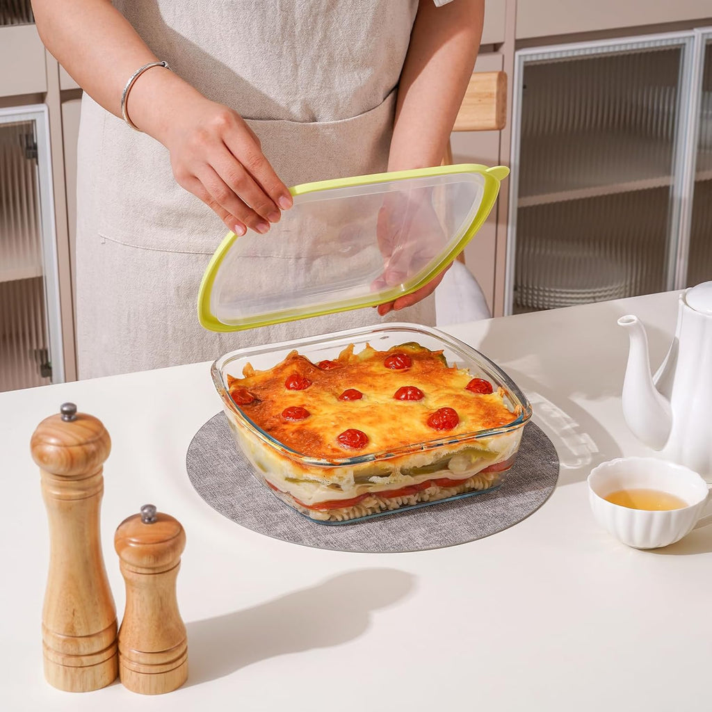 NUTRIUPS 9 x 9 Glass Baking Dish Set - 2.75QT Deep Pan with Lid | Durable Yellow Bakeware (2 Pack)