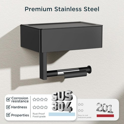 FORIOUS Toilet Paper Holder - Wall-Mounted Storage with Shelf & Tampon Receptacle | Matte Black