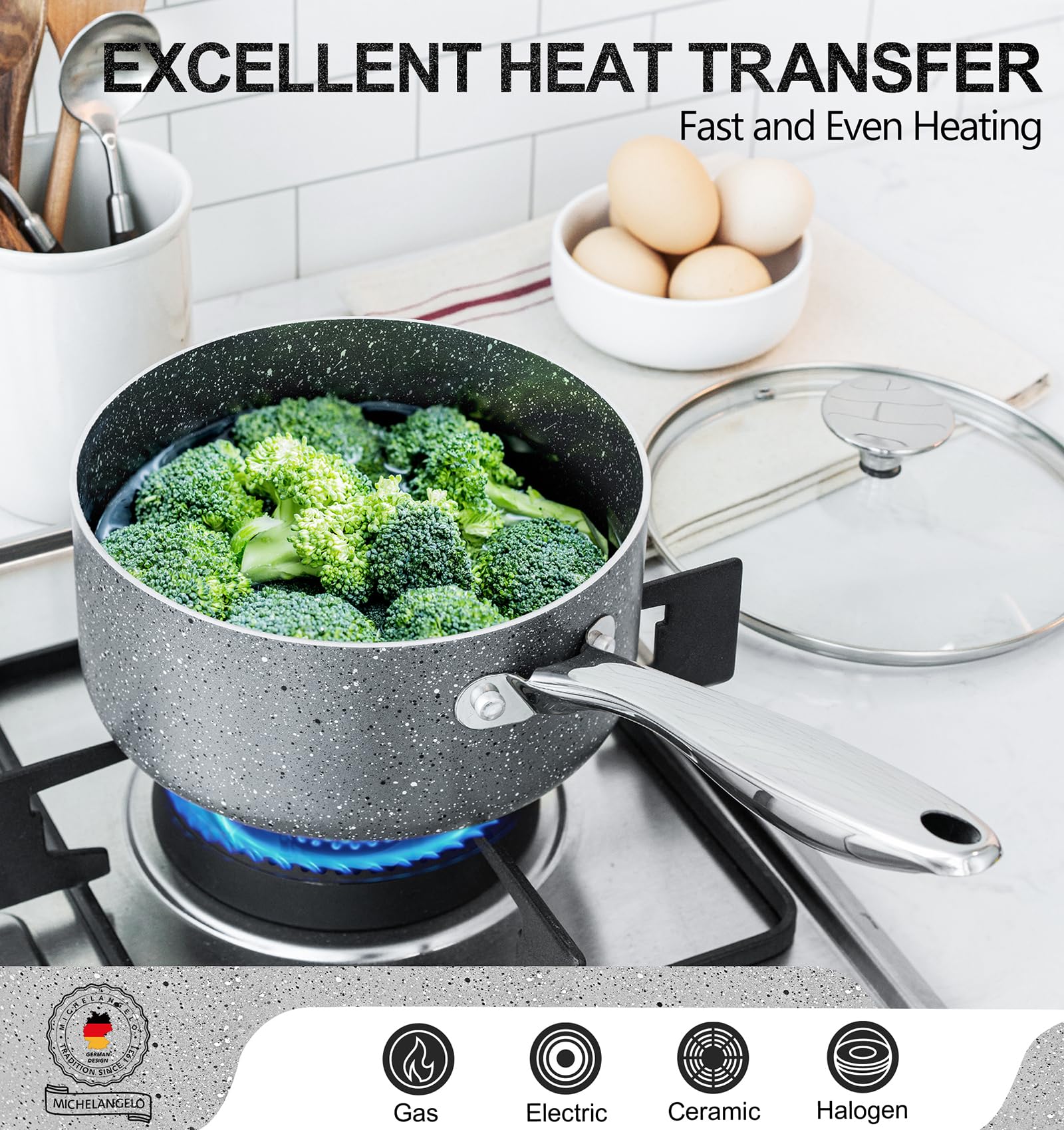 MICHELANGELO Sauce Pan with Lid, 1 Quart Saucepan with Lid Granite, Non Stick Sauce Pan with Stainless Steel Handle, 1 Qt Saucepan with Nonstick Coating, Grey