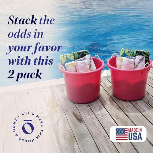 HOMZ 18 Gallon Utility Tub - Large Pink Plastic Storage Bucket with Rope Handles for Indoor & Outdoor Use