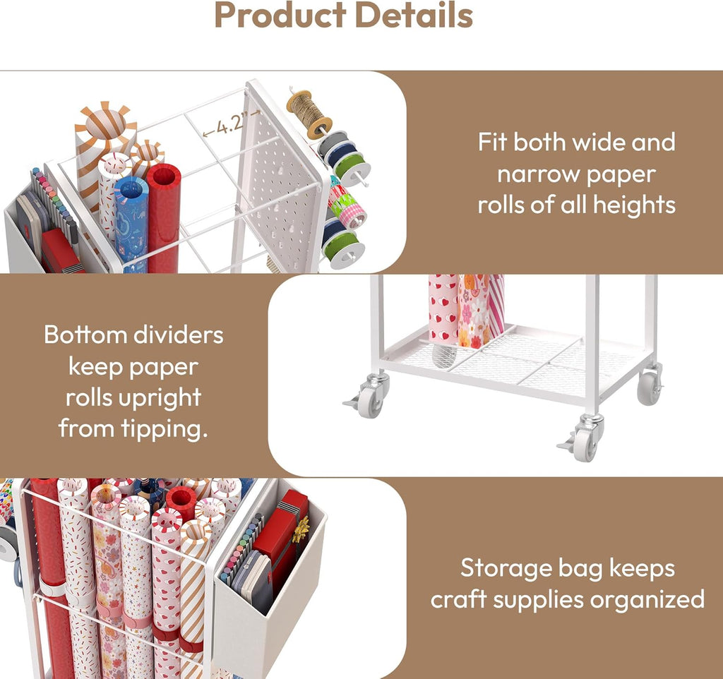 Skiennix Gift Wrapping Station - 12PCS Slap Bands & Rolling Paper Cart Organizer | Christmas Craft Storage