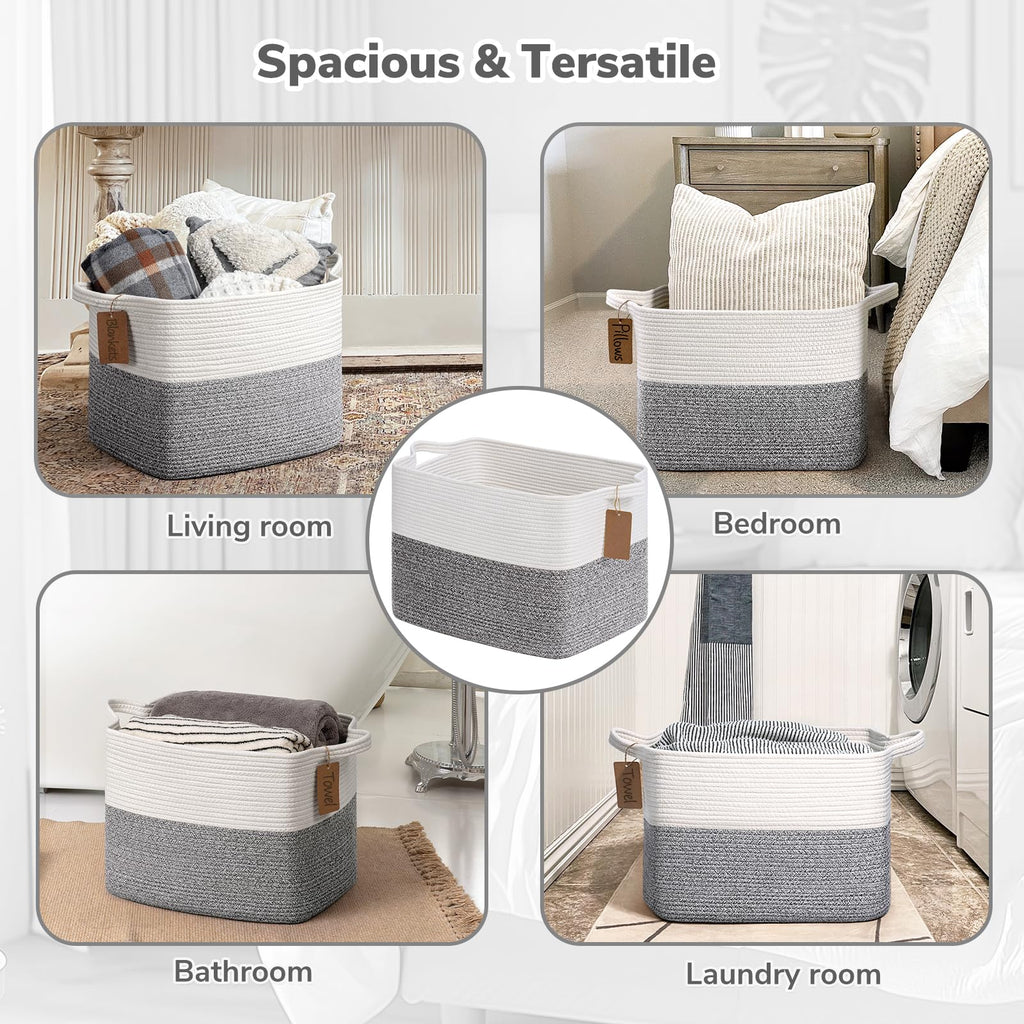 Goodpick Woven Storage Basket, Cotton Rope Baskets with Handles, Toy Baskets Storage Kids, Blanket Basket for Living Room, Bedroom, Gray and White, 18 x 14 x 12 Inches