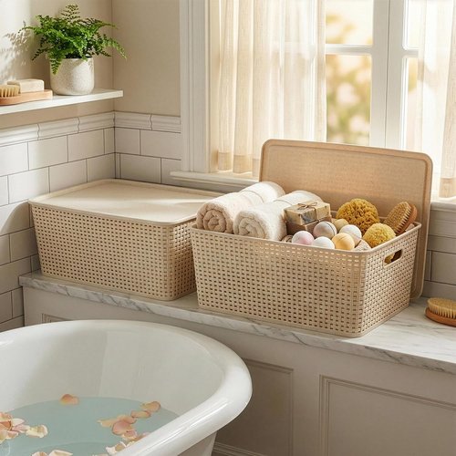 BINO Plastic Storage Baskets with Lids - 33 Liter | 3 Pack Natural | Ideal for Organizing Shelves