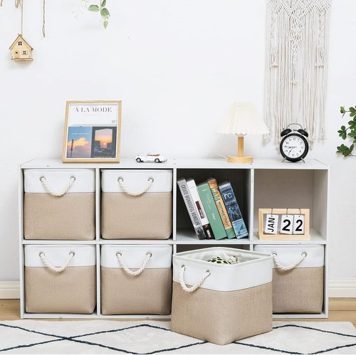 MidmmVick Cube Storage Bins - 6 Pack Large Collapsible Fabric Organizers | Foldable 11"x11" for Home & Office (White & Beige)