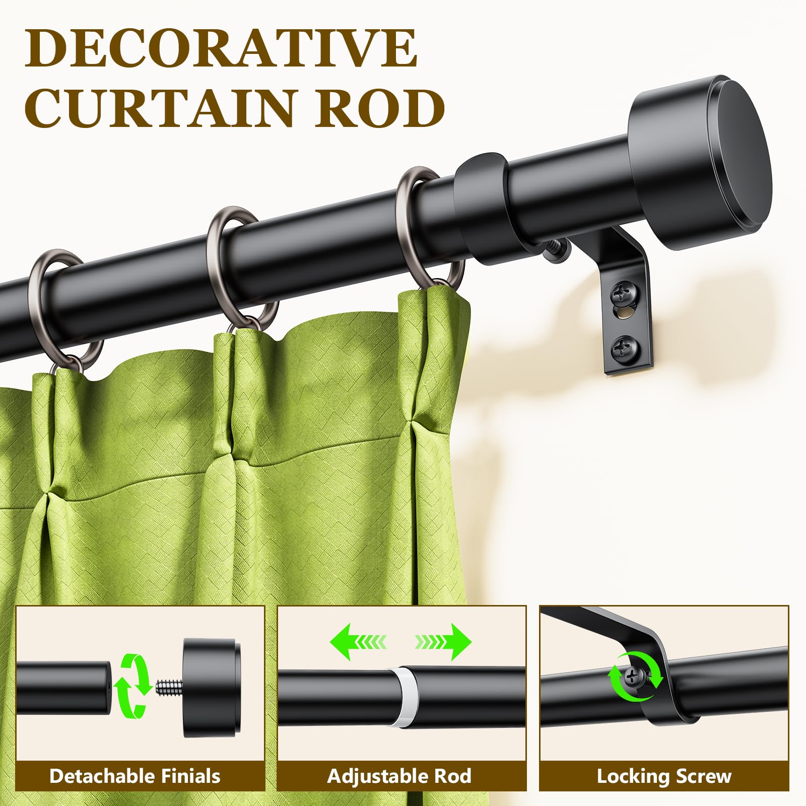 2 Pack Curtain Rods for Windows 32-120 Inch, 1 Inch Adjustable Black Curtain Rod Set with Brackets, Easy Install