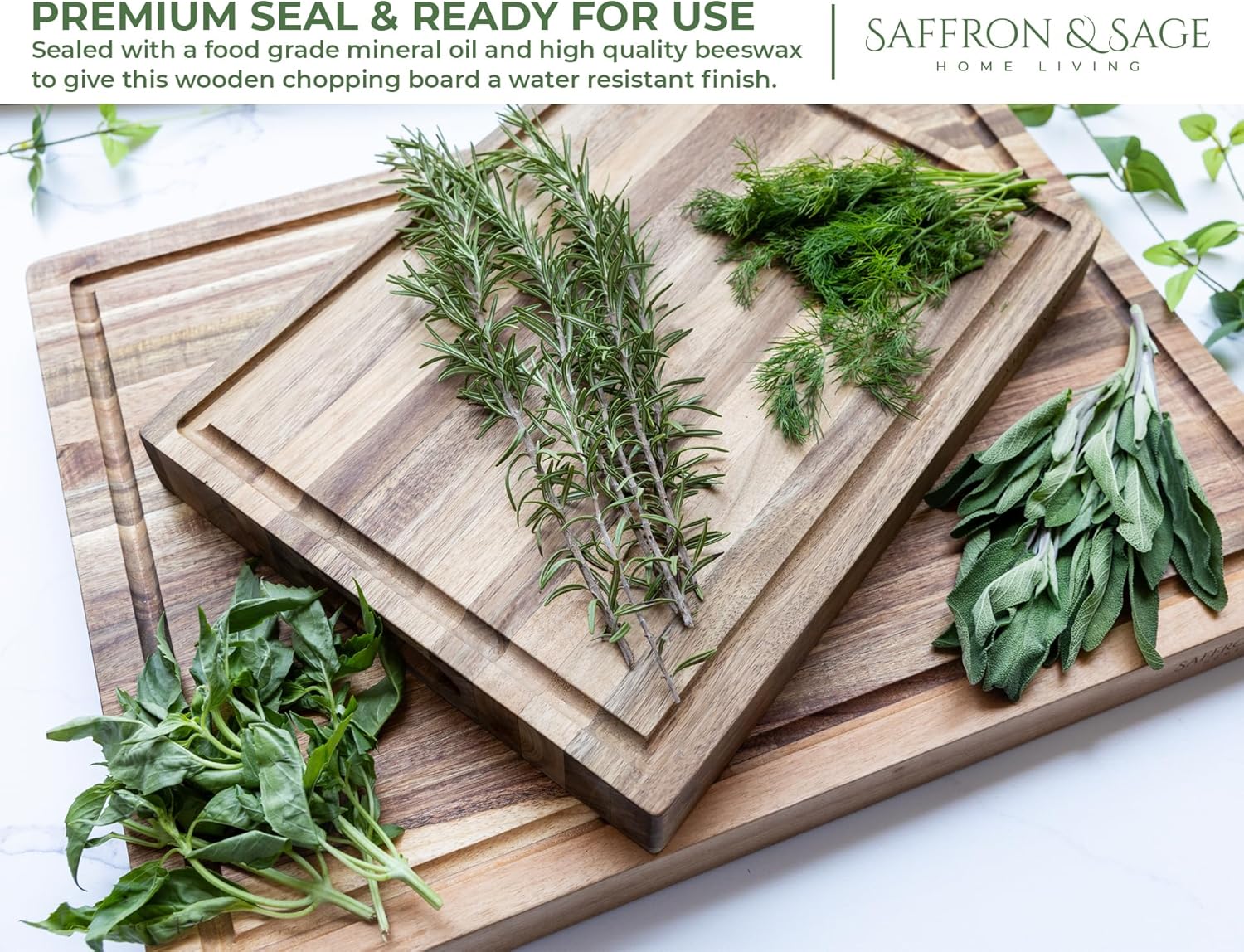 Saffron & Sage Large Wood Cutting Board - Thick Acacia 16 x 12 x 1.5 Inch with Juice Groove & Reversible Design
