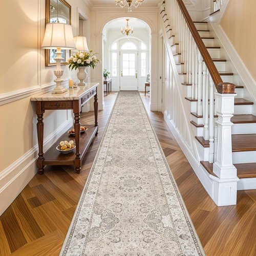 Hallway Washable Runner Rug - Vintage Soft Non-Slip Indoor Carpet for Kitchen & Entryway | 3x20 Feet, Beige