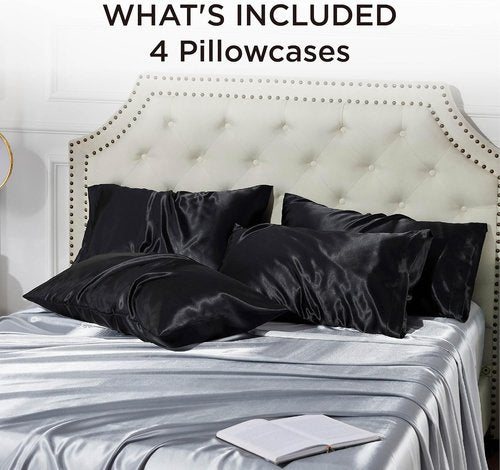Bedsure King Size Satin Pillowcase Set of 4 - Black Silk-Like Pillow Covers for Hair & Skin | 20x36 Inches