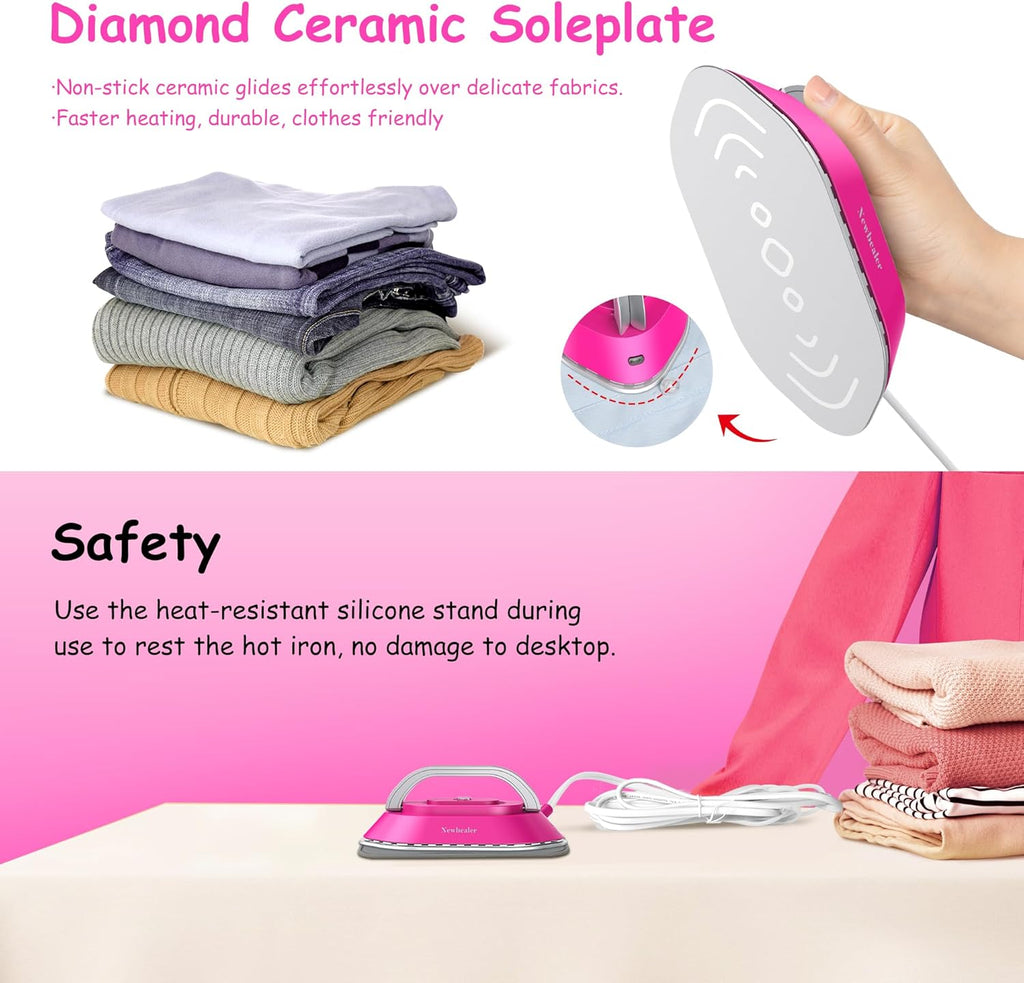 Newbealer Travel Iron - Mini Dry Iron with Global Voltage, 100-240V, 300W, Non-Stick Soleplate, Hot Pink