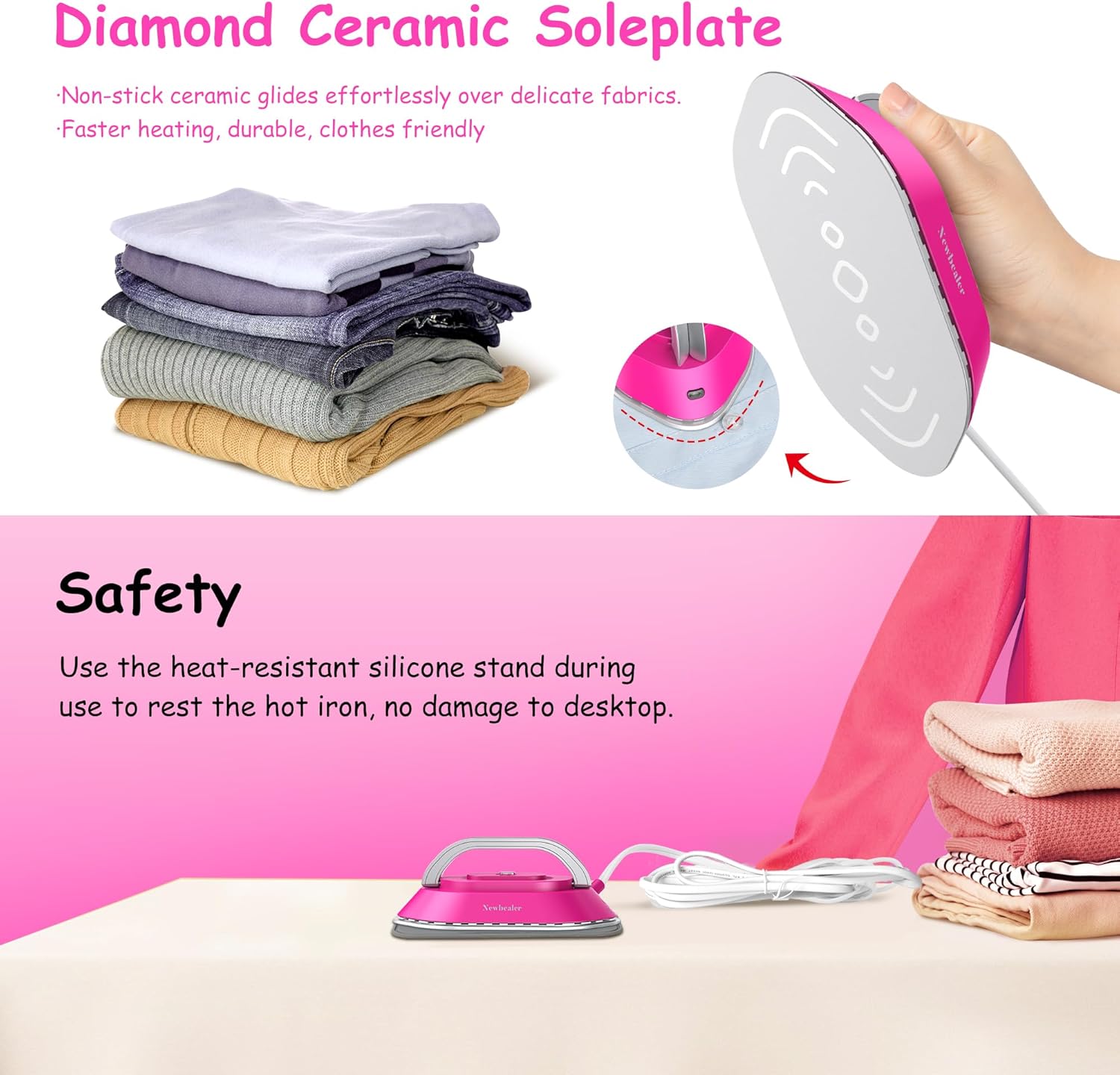 Newbealer Travel Iron - Mini Dry Iron with Global Voltage, 100-240V, 300W, Non-Stick Soleplate, Hot Pink