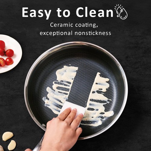 SAKAMOSH 9.5" Non Stick Frying Pans, Hybrid Ceramic Stainless Steel Pan, Skillet with Stay-Cool Handle, Non Toxic, PFAS PFOA PTFE Free, Dishwasher & Oven Safe, Induction, Compatible with All Cooktops
