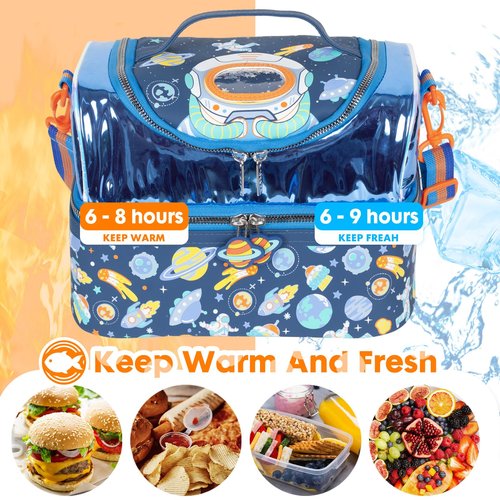 YOYTOO Kids Double Decker Cooler Insulated Lunch Bag, Back to School Large Meal Tote for Boys, Girls, Men, Women, with Adjustable Strap, Space