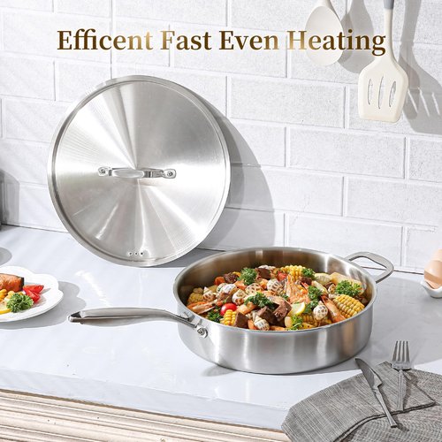 DELARLO 5QT Saute Pan Tri-Ply Stainless Steel Pan, 12Inch Deep Frying Pan with Steel cover, Kitchen Large Skillet,Heavy Duty Style Compatible With All Cooktops Up to 650℉