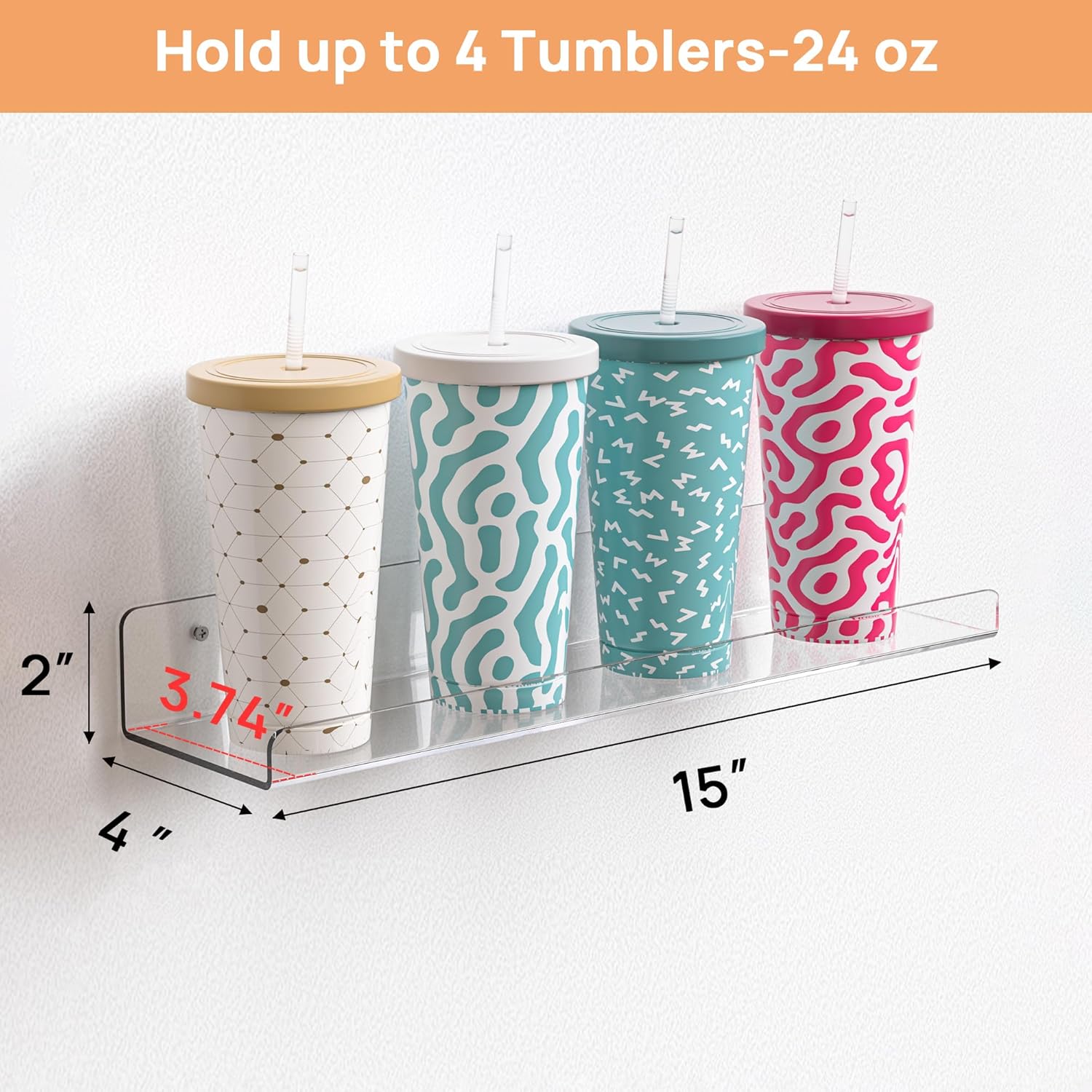 Upsimples Acrylic Floating Shelves - Versatile Wall Organizer for Bathroom, Bedroom & Living Room | Clear, 15" - 4 Pack