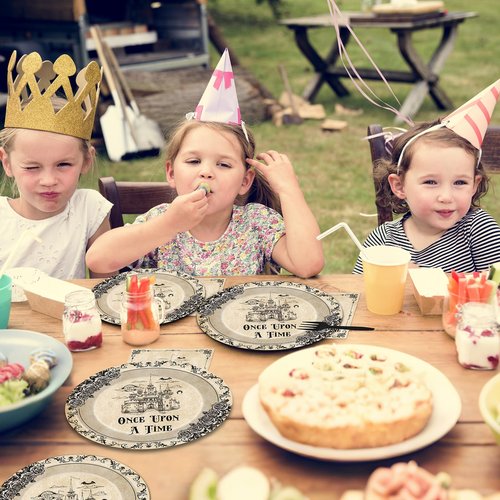 VorkiVecKi Fairytale Plates Party Decorations - 96 Pcs Once Upon a Time Tableware Paper Plate Set Napkins Forks Disposable, Floral Medieval Castle Party Supplies Decor for Birthday Wedding Serve 24