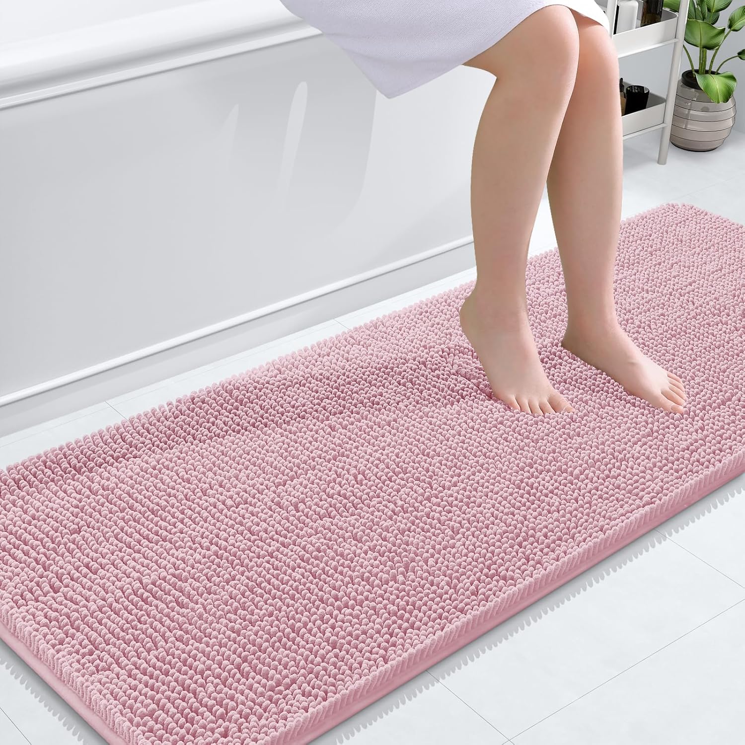 OLANLY Bathroom Runner Rugs - Soft Chenille Bath Mats with Rubber Backing | Quick-Dry, Machine Washable, 59x24, Dusty Rose