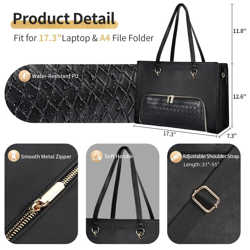 ESTARER Women Laptop Tote Bag with Insulated Lunch Compartment, 17-17.3 Inch PU Leather Work Bag Water-resistant, Convertible Large Business Computer Briefcase Handbag for Office/Travel/Casual, Black