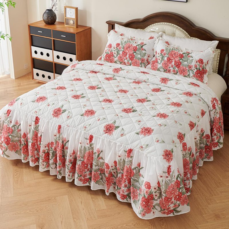 EVENHUG Ruffle Skirt King Size Bedspread Set Red Floral 100% Cotton Quilt Bedding Sets with Pillow Shams Lightweight Soft Coverlet Bed Spreads Sets 3 Piece (King, 78"x80")