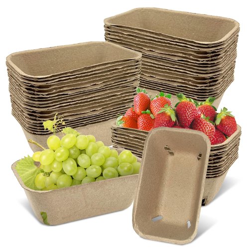 50 Pcs Natural Pulp Fiber Berry Basket, Molded Berry Basket Produce Vented Container for Strawberry Blueberry Raspberry and Vegetable Small Farmer Market Grocery Stores, Backyard Party 7.3x4.3x2.8inch