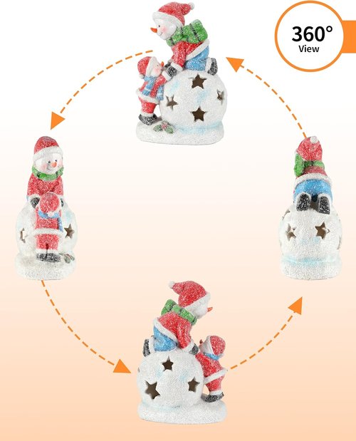 iStatue Snowman & Child Christmas Ornament - LED Light Resin Figurine | Unique Holiday Home Decor