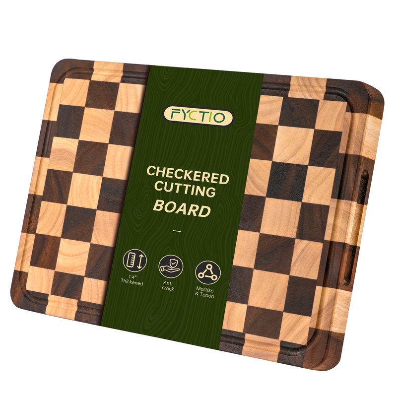 FYCTIO Checkered Cutting Boards for Kitchen, Acacia Wooden Chopping Board with Juice Grooves & Handles, Thickened Butcher Block for Meat, Vegetables and Fruits with Gift Box, 16" x 11" x 1.4"