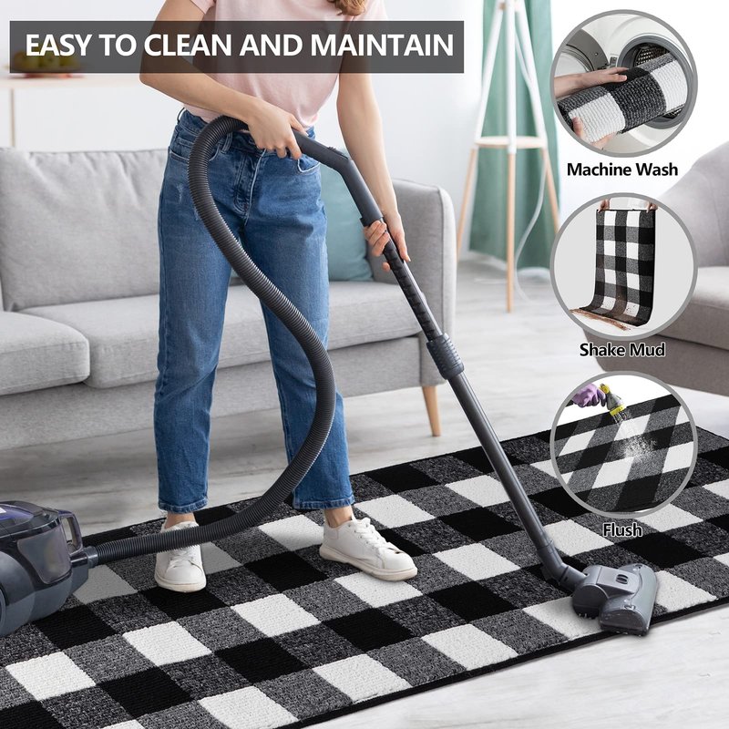 FONEYI Buffalo Plaid Rugs 2' x 6' Black and White Check Rug, Non Slip Indoor/Outdoor Area Rug for Welcome Door Mat, Front Porch, Kitchen, Entry Way, Living Room, Entryway, Farmhouse