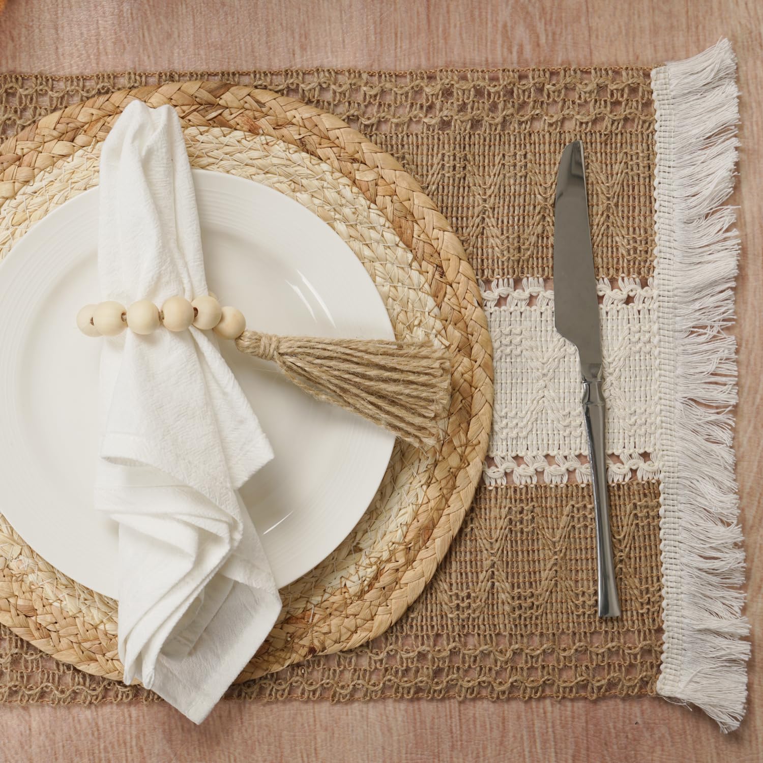 Phantomon Boho Placemats Set of 4 with Wooden Bead Napkin Rings - Natural Cotton, Burlap Rectangular Mats and Handmade Straw Woven Round Placemats for Farmhouse Dining Table or Kitchen Decor