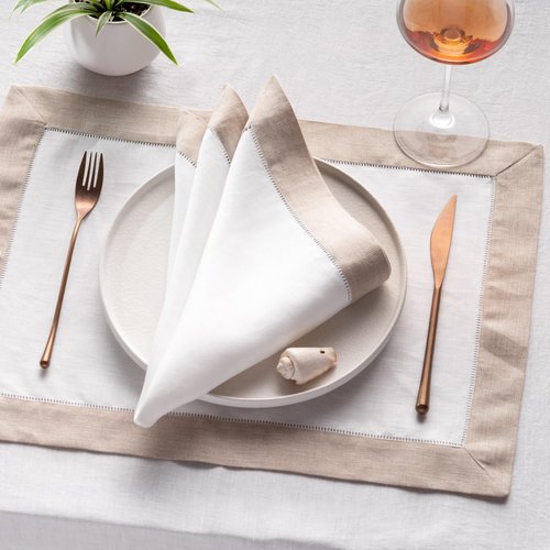 Linen Placemats Set of 4-100% Flax Linen White and Natural Placemats 14 x 19 inch - Classic Hemstitch Placemats Washable for Fall, Thanksgiving, Christmas and Winter Decor