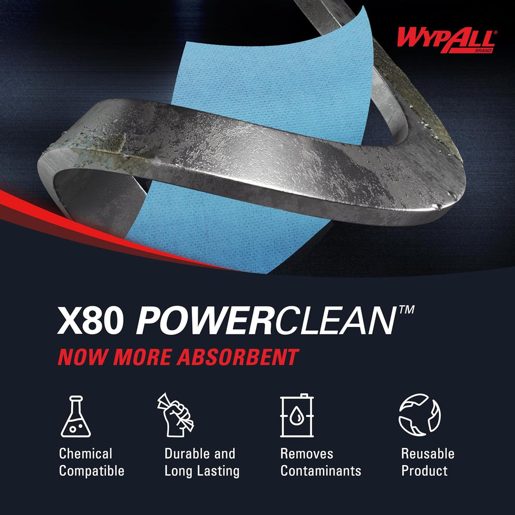 WypAll PowerClean X80 Heavy Duty Wipes - Jumbo Blue Towels | 455 Sheets for Extended Use