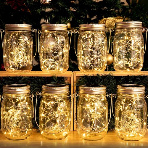 HXWEIYE Solar Mason Jar Lights - 30 LED Waterproof Fairy Lanterns for Outdoor Decor | 8 Pack, Warm White