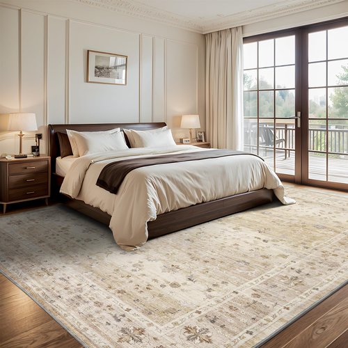 Large 8x10 Area Rugs Washable Non Slip Rug Low Pile Area Rug Distressed Printed Carpet Soft Area Rug for Living Room Dinning Room Bedroom Playroom Indoor, Beige