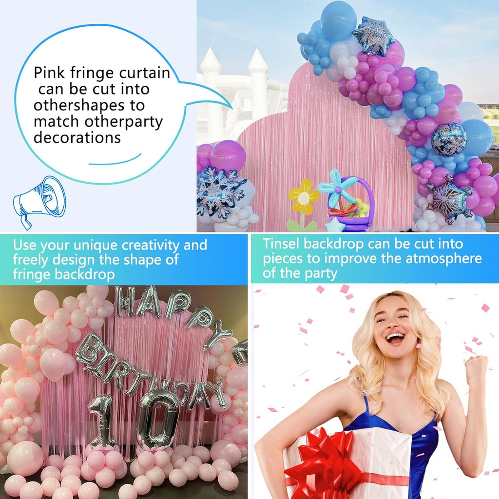 Skiennix Pastel Pink Birthday Party Backdrop - Foil Fringe Curtain 3.3x8.2ft | 2 Pack Streamers for Baby Showers & Bachelorette Parties