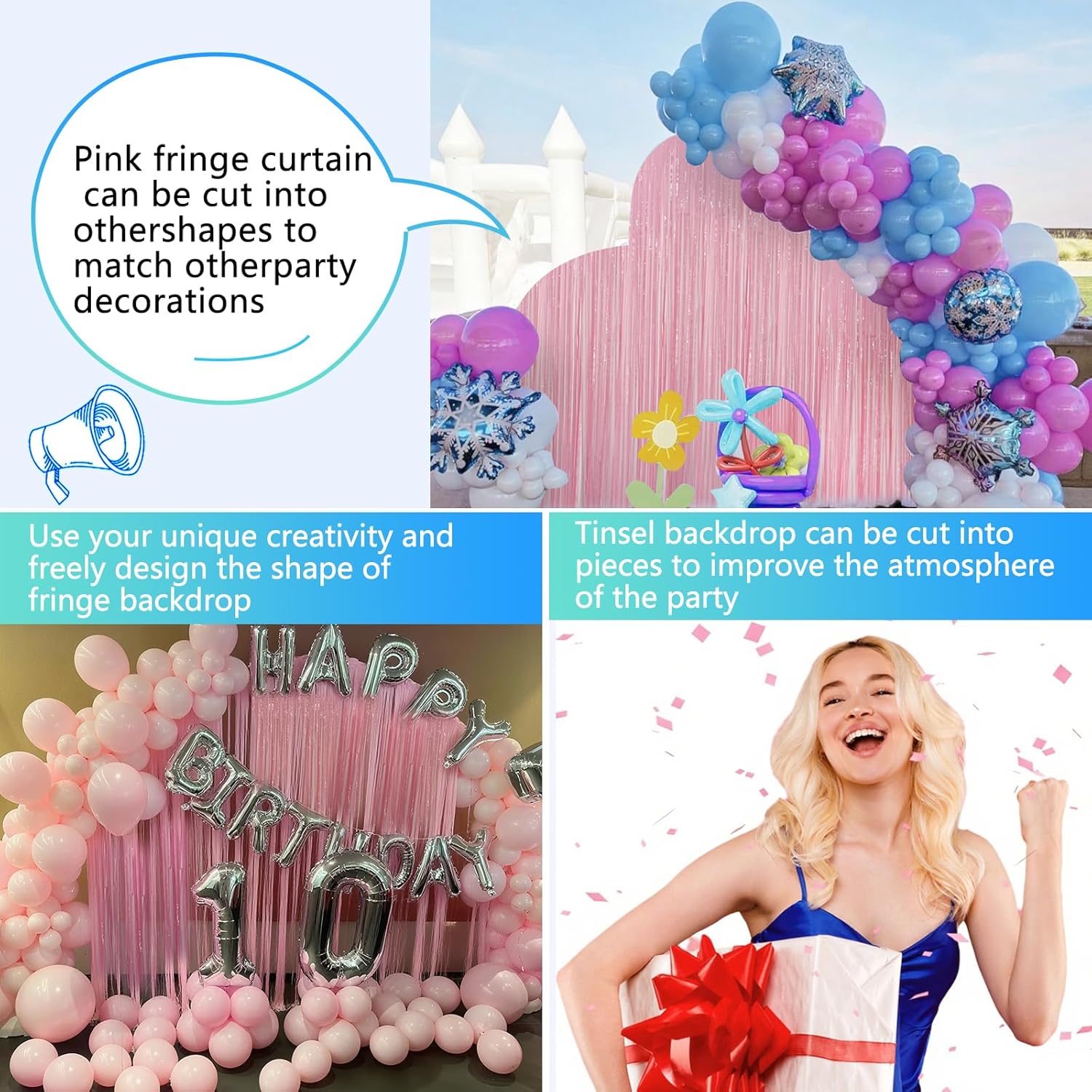 Skiennix Pastel Pink Birthday Party Backdrop - Foil Fringe Curtain 3.3x8.2ft | 2 Pack Streamers for Baby Showers & Bachelorette Parties