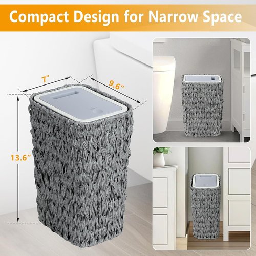 Trash Can with Lid, 2.6 Gallon Small Rattan Trash Can with Press Top Lid, Boho Slim Wicker Waste Basket and Hamper 2 in 1, Seagrass Woven Garbage Can Trash Basket for Living Room, Bedroom Gray