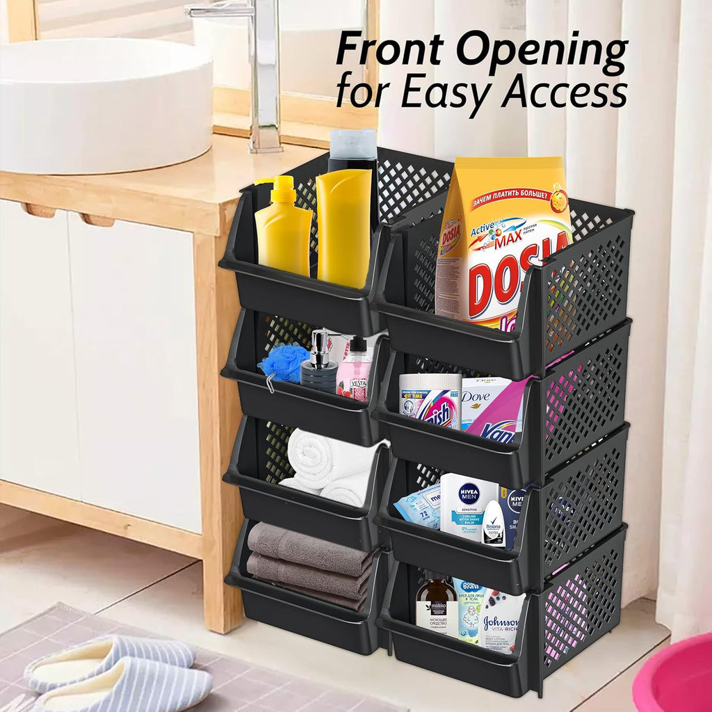 TidyFriend Stackable Storage Bins - Open Front Pantry Organizers for Kitchen & Home | 4 Pack (Black)