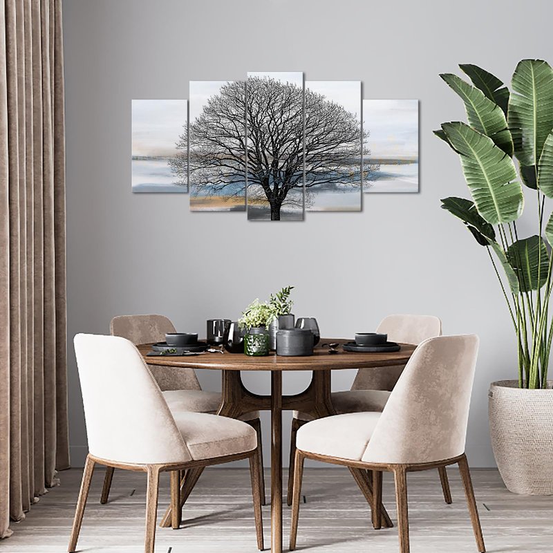 KLVOS Abstract Tree Canvas Wall Art 5 Panels Grey White and Blue Landscape Painting Modern Nature Artwork Pictures Living Room Bedroom Decoration