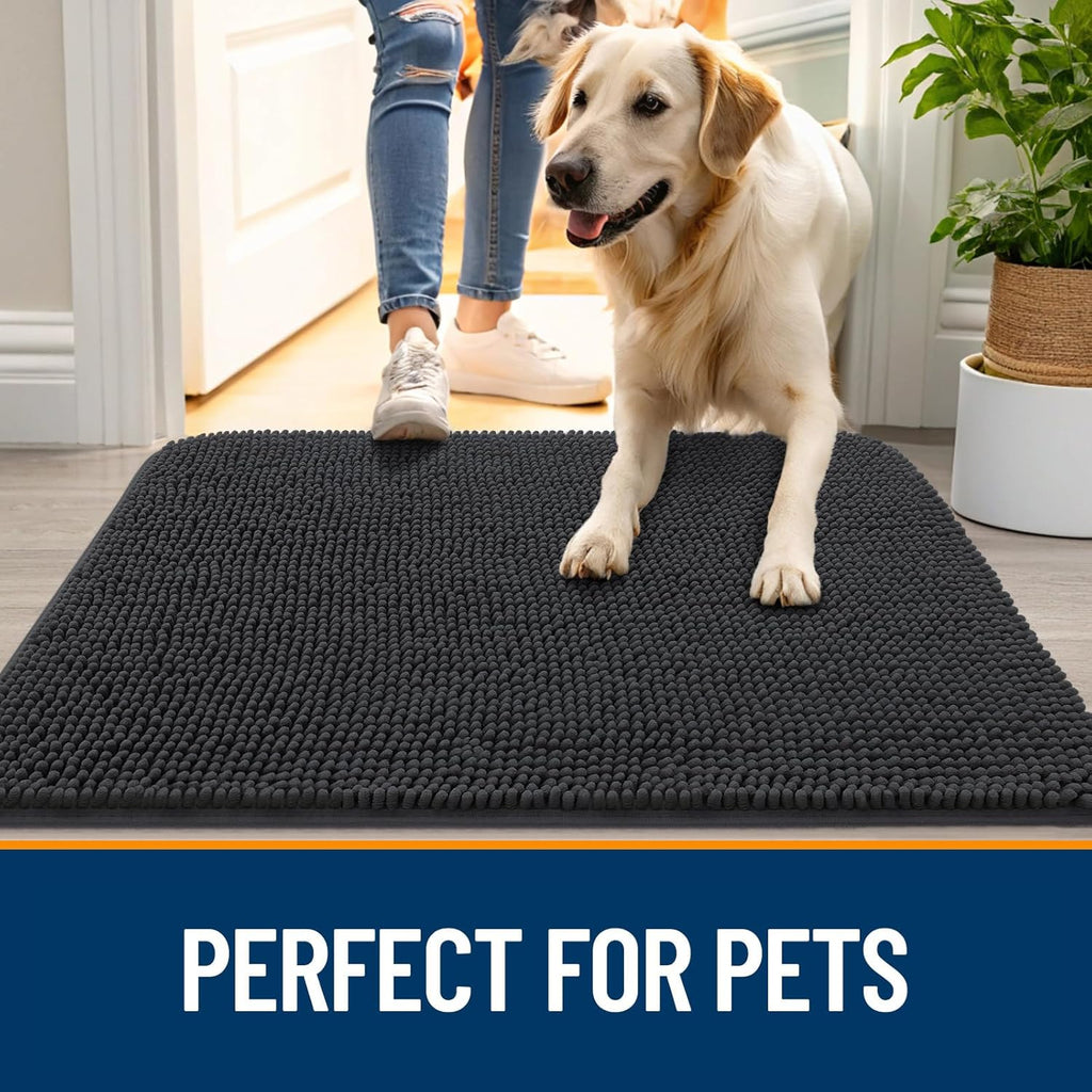 OLANLY Dog Door Mat - Absorbent Non-Slip Chenille Mat for Muddy Paws | 47x20 Inches, Dark Grey