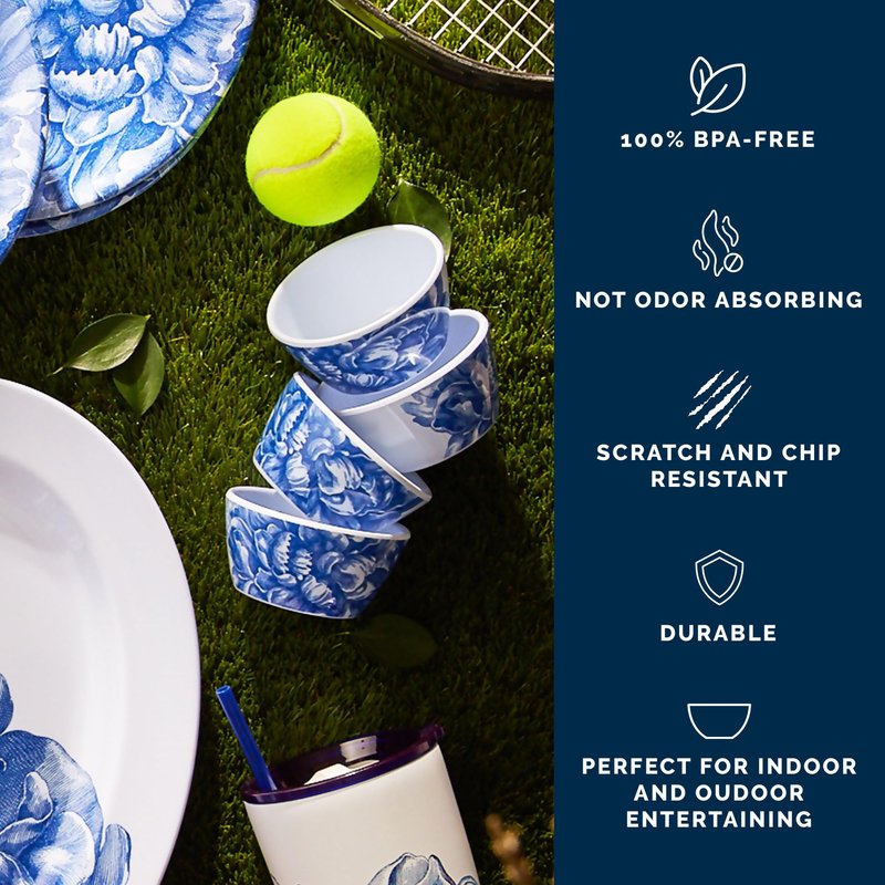 Caskata Peony Melamine Snack Bowls, Set of 4 | Small Bowls for Entertaining and Everyday Use | Perfect for Home, Beach, Pool and Gifting | Blue on White Color | 6 oz