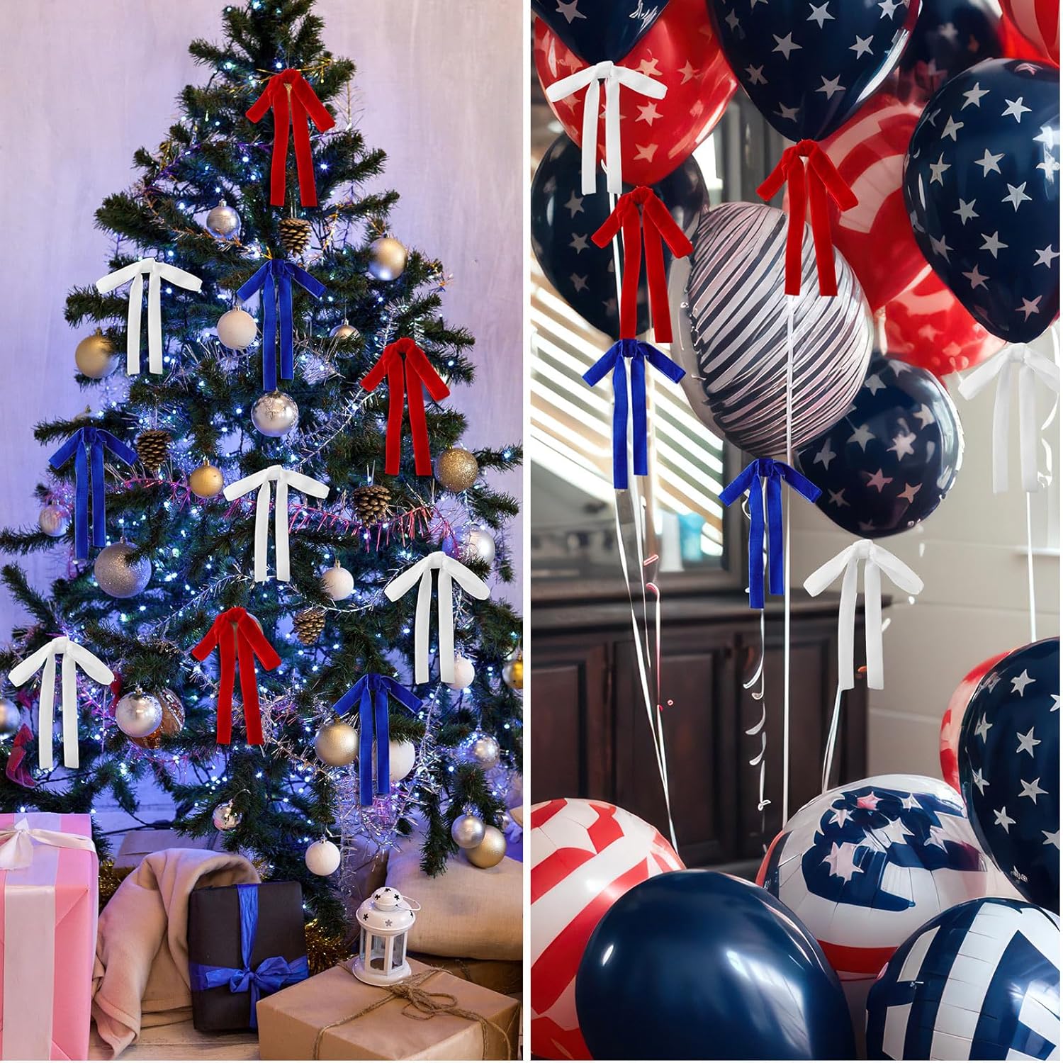 Skiennix 24 Pcs Velvet Bows - Vintage Ribbon Bows for Christmas Tree & Crafts | 5 x 7 Inch, Blue, White, Red