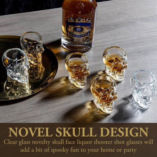 MyGift Set of 6 Skull Shot Glasses – 2.8 oz Clear Glass Novelty Drinkware for Halloween Parties, Cocktail Bars & Home Decor – Spooky 3D Skull Design