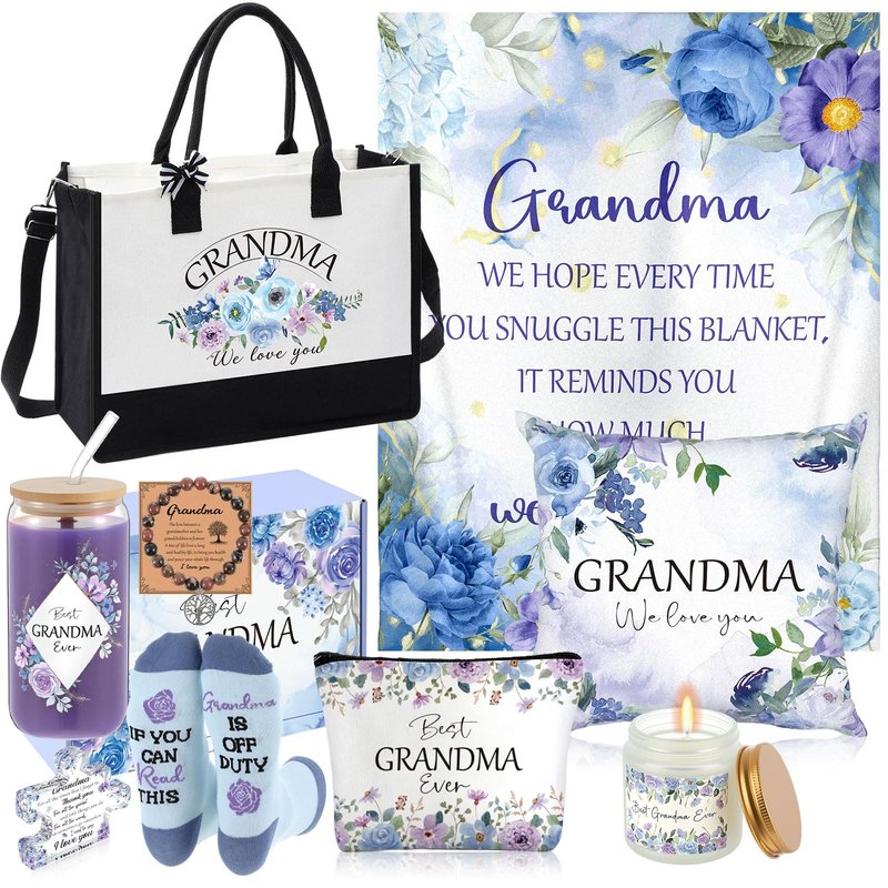 Paterr 10 Pcs Gifts for Grandma– Mothers Day, Birthday Gift Include Canvas Tote Bag 16oz Glass Cup Socks Blanket(Grandma)